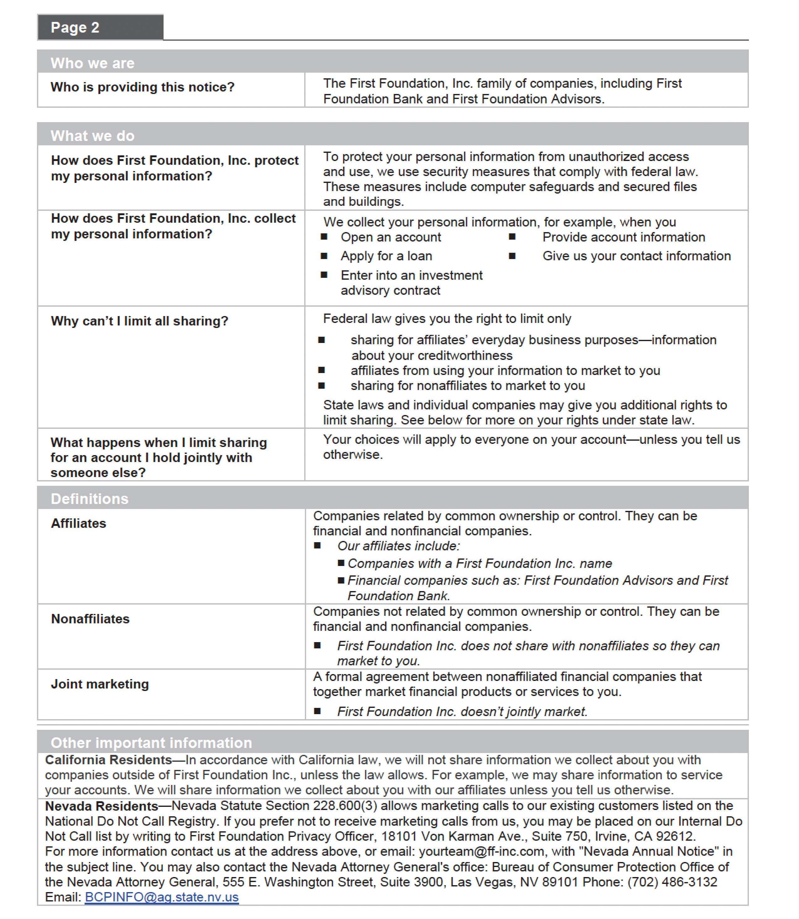 Privacy Notice First Foundation Bank
